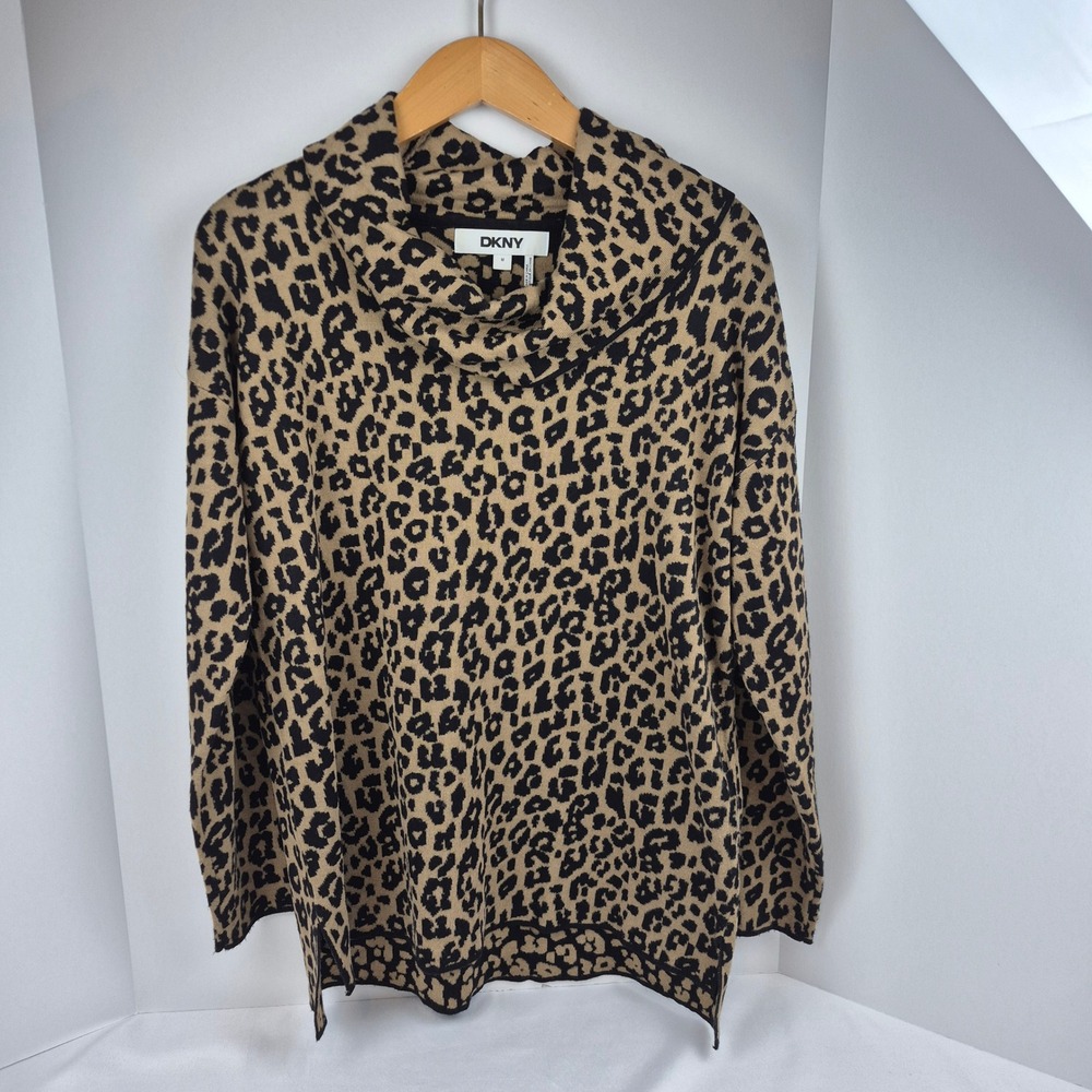 DKNY Leopard Print Cowl Neck Sweater M Tan Black Animal Knit